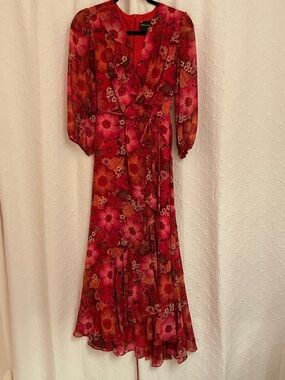 Maison Tara Red and Pink Floral Midi Wrap Dress
